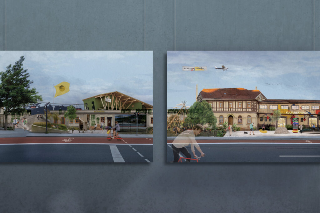 Architektonische Visualisierung Vision Zukunftsbahnhof Coburg Seilbahn zum Campus, Hotel und Kulturbahnhof